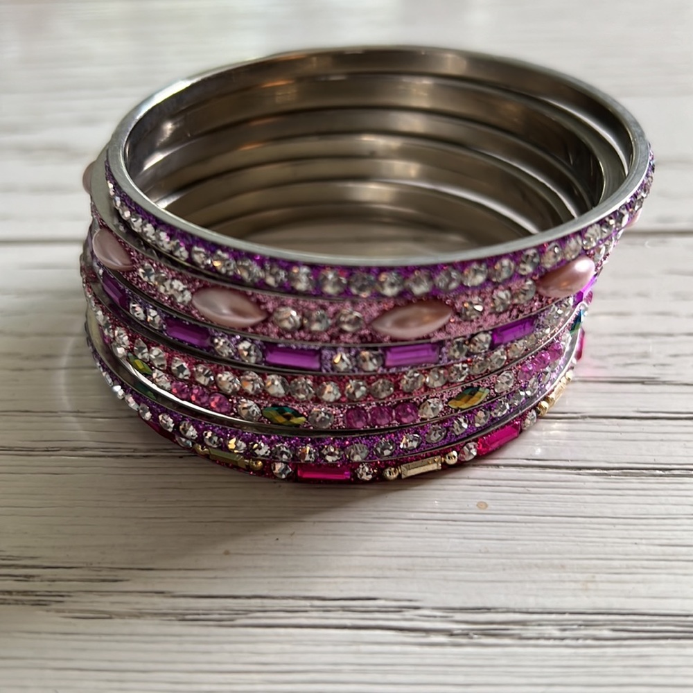 Set of 7 Silver Bangles with Purple Beads